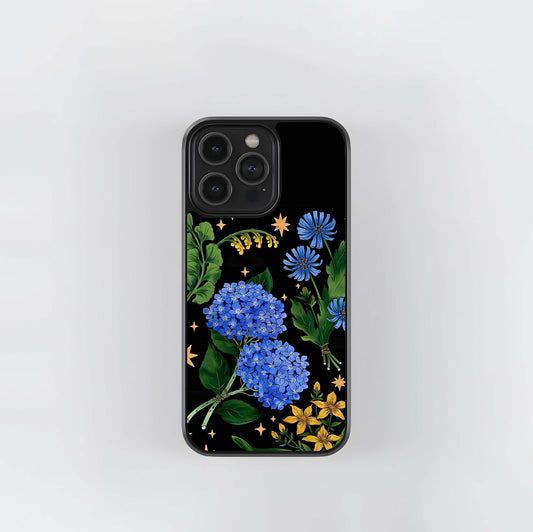Blue Organza Flowers Glass Case