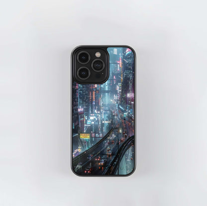 Cyberpunk Rain Cityscape Glass Case