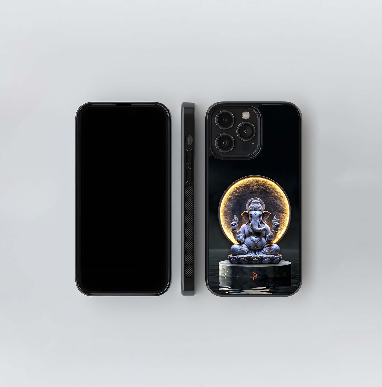 Lord Ganesha Statue on Marble with Gold Halo Glass Case