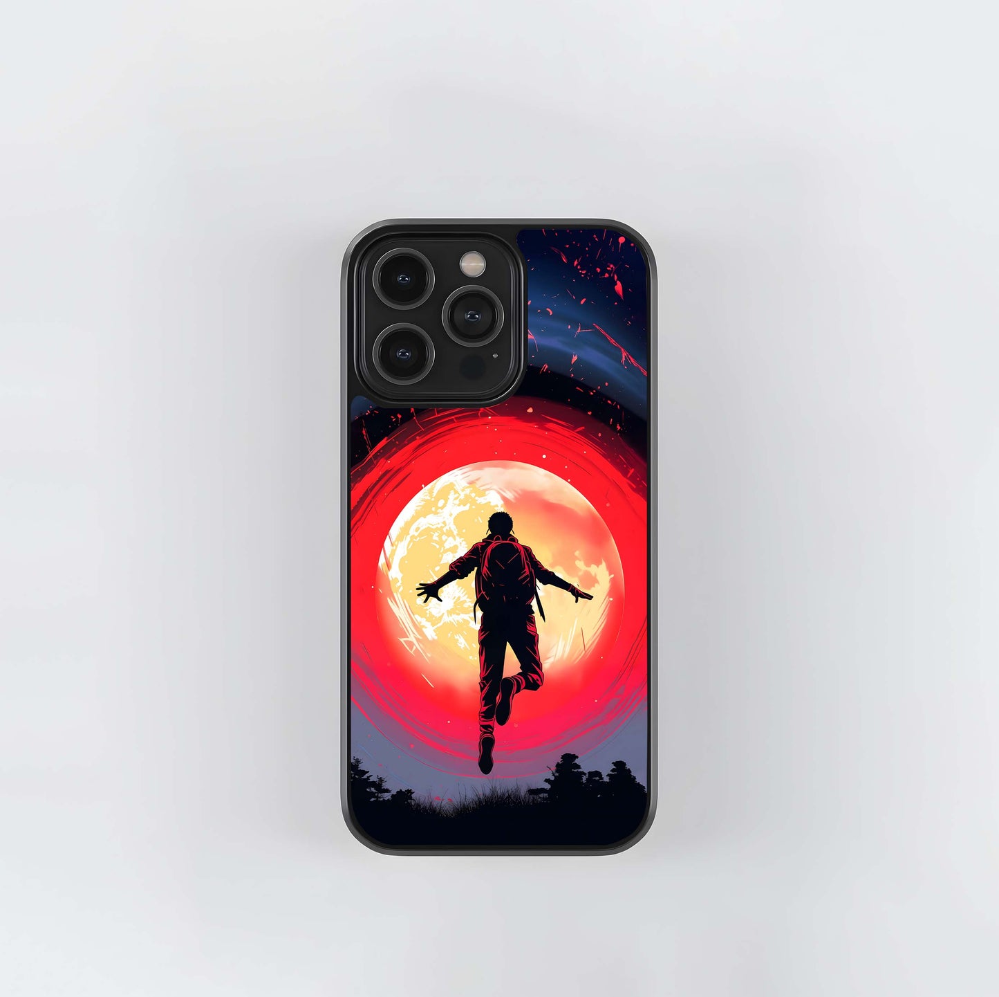 Silhouette Jumper against Red Moon Glass Case