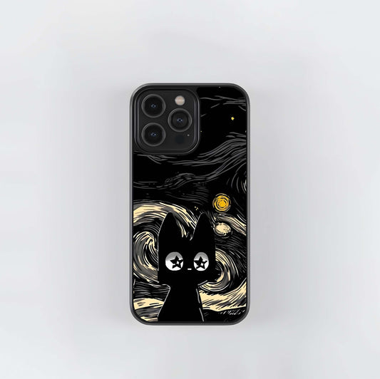Black Vangogh Cat Glass Case