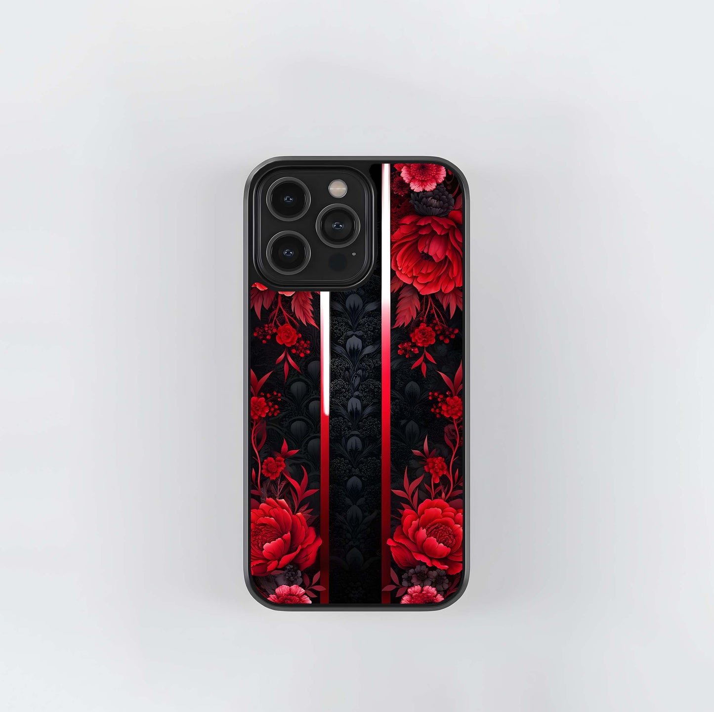 Triple Panel Red Peony Black Damask Glass Case