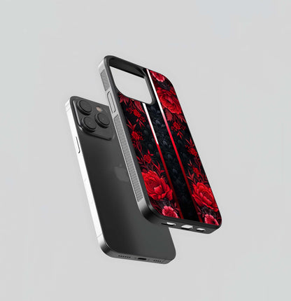 Triple Panel Red Peony Black Damask Glass Case
