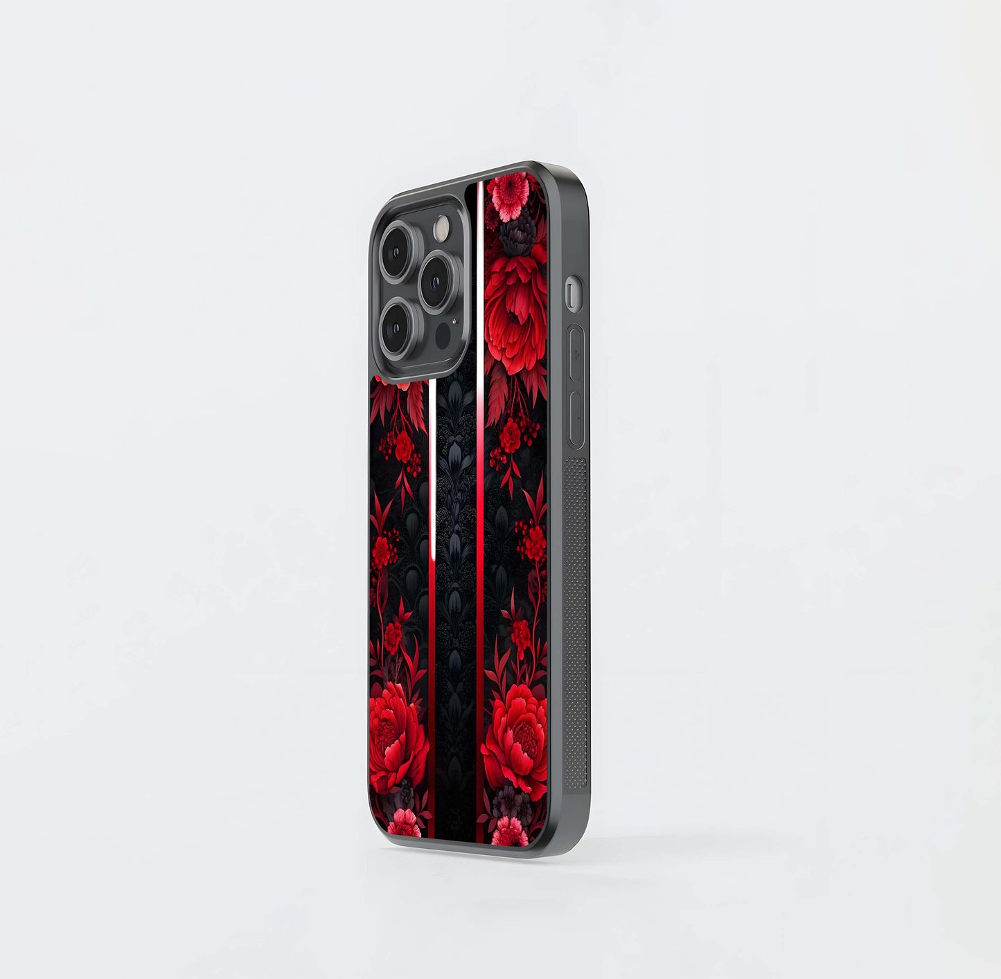 Triple Panel Red Peony Black Damask Glass Case