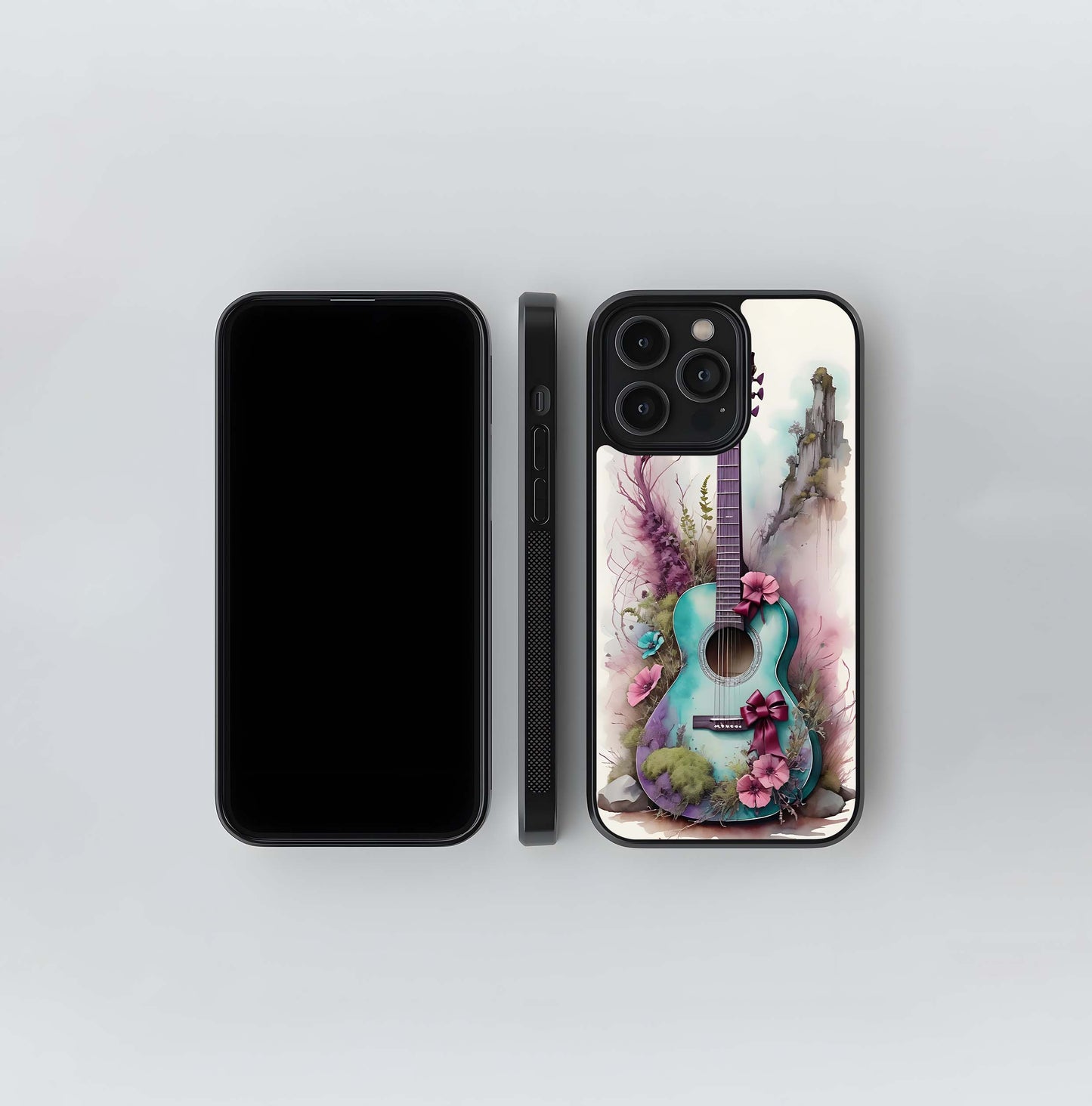 Watercolor Teal and Purple Acoustic Guitar in Nature Glass Case