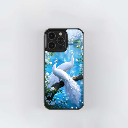 White Peacocks by Blue Water Glass Case
