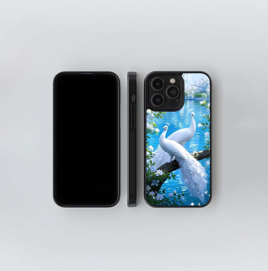 White Peacocks by Blue Water Glass Case