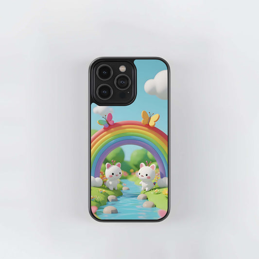 3D Cartoon Bunnies under a Rainbow Glass Case