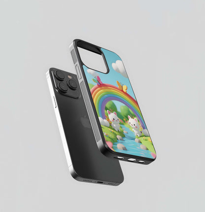 3D Cartoon Bunnies under a Rainbow Glass Case