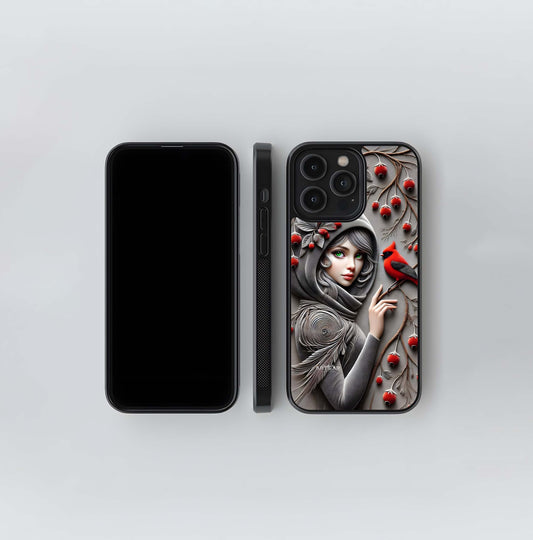 3D Relief Art of Woman in Gray Hood with Red Cardinal Glass Case
