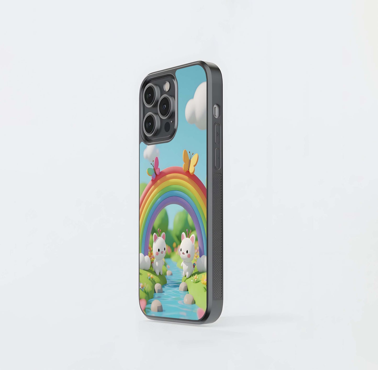 3D Cartoon Bunnies under a Rainbow Glass Case