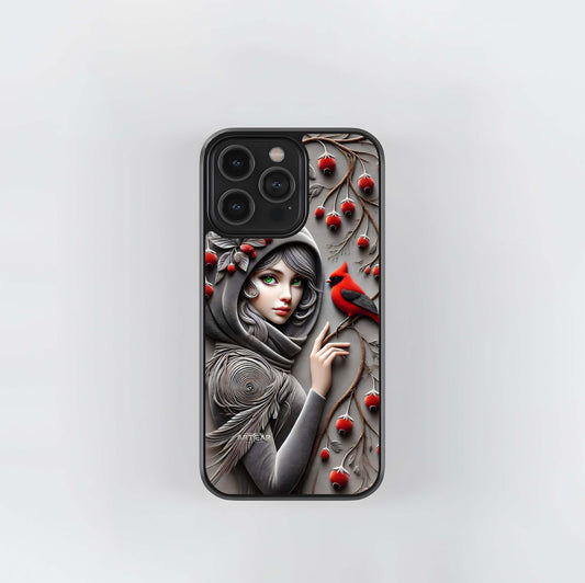 3D Relief Art of Woman in Gray Hood with Red Cardinal Glass Case