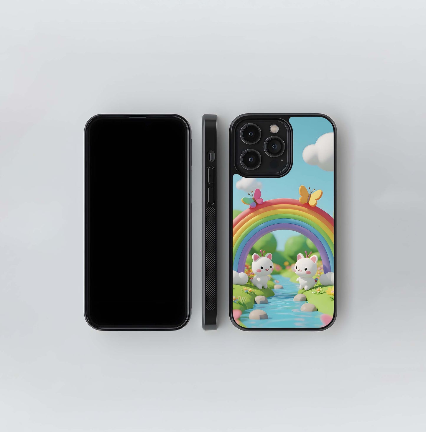 3D Cartoon Bunnies under a Rainbow Glass Case