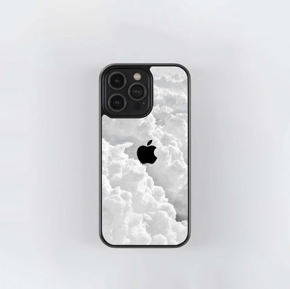 Black Apple Logo in White Clouds Glass Case