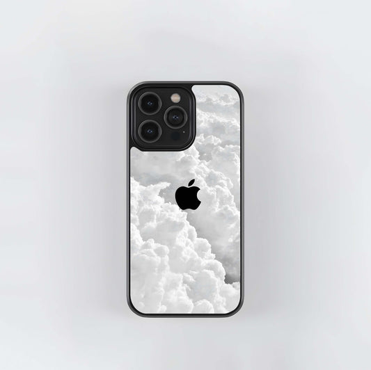 Black Apple Logo in White Clouds Glass Case