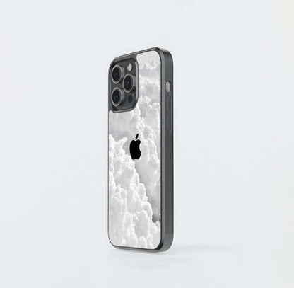 Black Apple Logo in White Clouds Glass Case