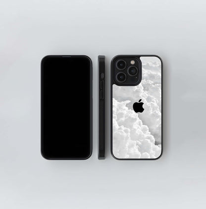 Black Apple Logo in White Clouds Glass Case