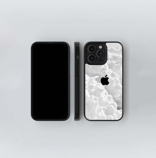Black Apple Logo in White Clouds Glass Case