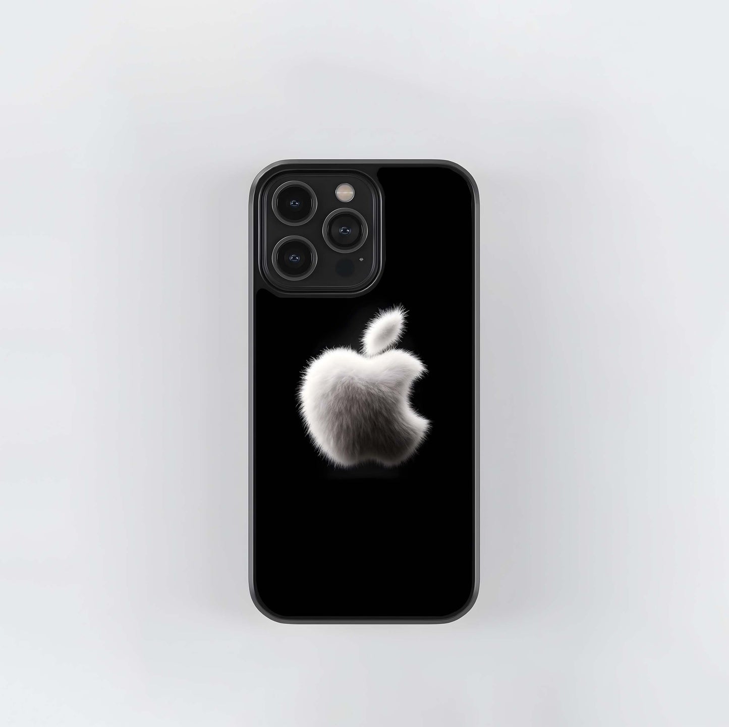 Fuzzy White Apple Logo on Black Glass Case