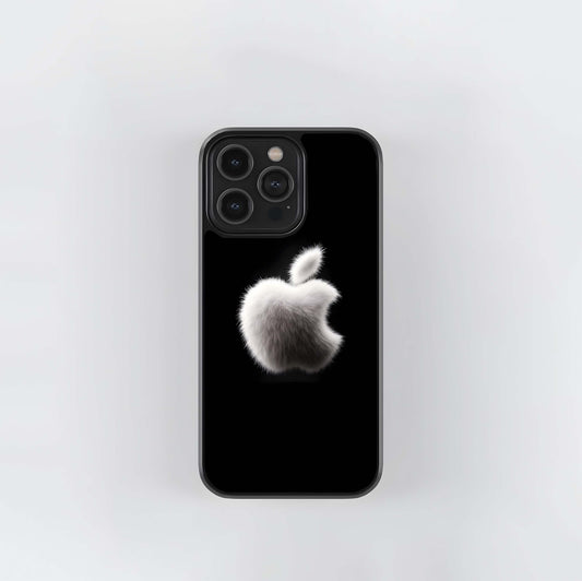 Fuzzy White Apple Logo on Black Glass Case