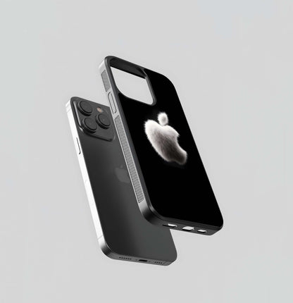 Fuzzy White Apple Logo on Black Glass Case