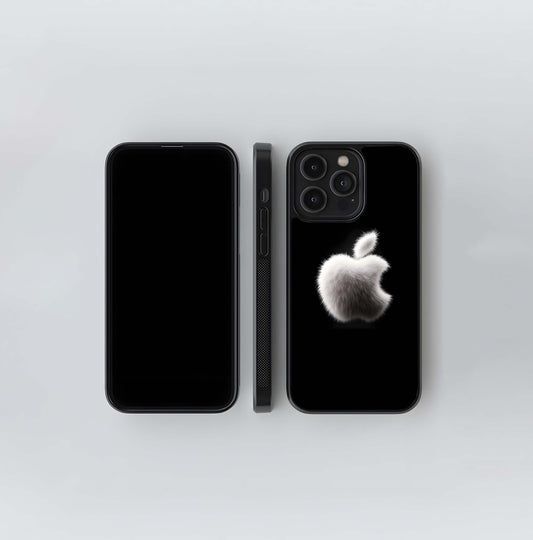 Fuzzy White Apple Logo on Black Glass Case
