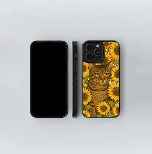 Cat By Sunflowers Glass Case