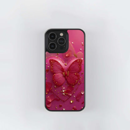 Glimmering Magenta Butterfly Heart Glass Case