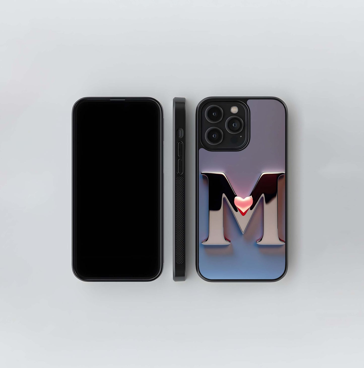 Silver M with heart Glass Case