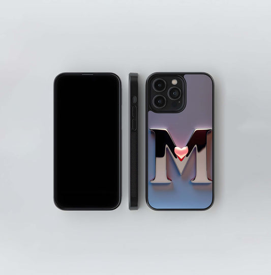 Silver M with heart Glass Case