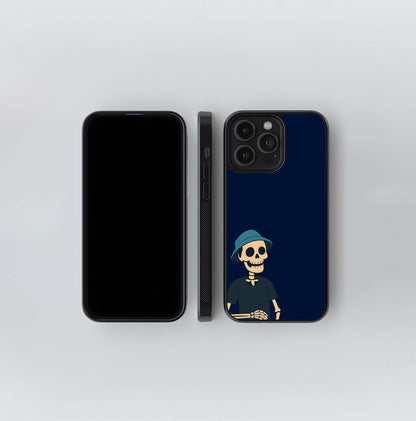 Skeleton in a Bucket Hat Glass Case