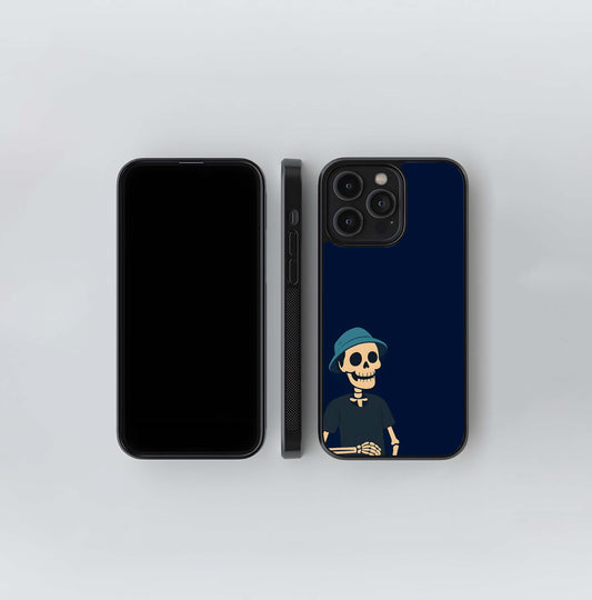 Skeleton in a Bucket Hat Glass Case