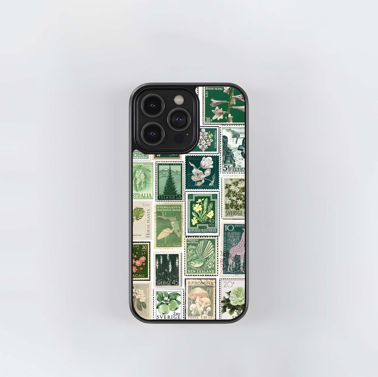 Green Postage Stamp Collage Glass Case