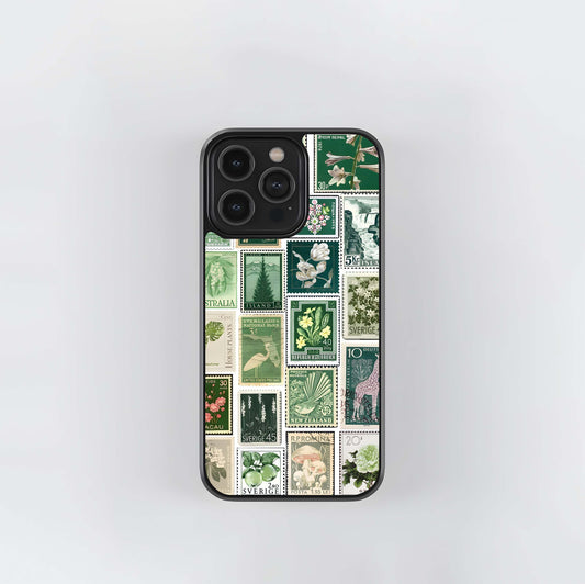 Green Postage Stamp Collage Glass Case