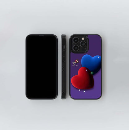 3D Plush Red and Blue Hearts with Couple Emojis Glass Case