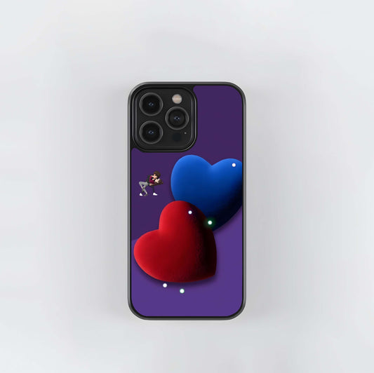 3D Plush Red and Blue Hearts with Couple Emojis Glass Case