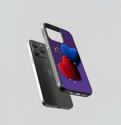 3D Plush Red and Blue Hearts with Couple Emojis Glass Case