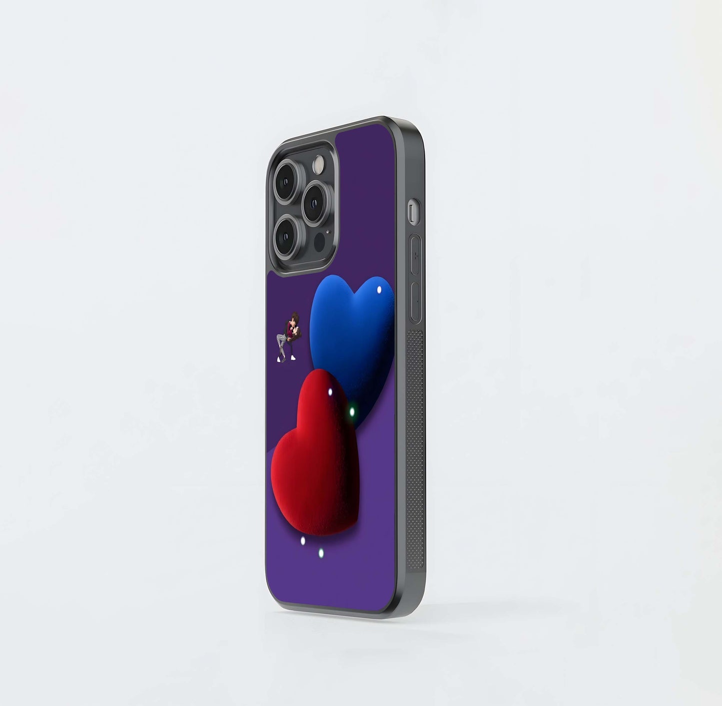 3D Plush Red and Blue Hearts with Couple Emojis Glass Case