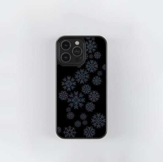 Blue Snowflakes on Black Glass Case