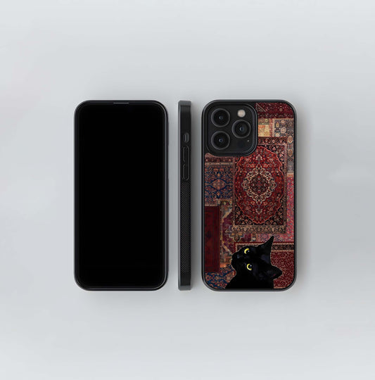 Black Cat on Persian Rug Patchwork Glass Case