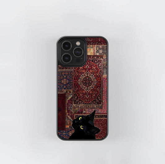 Black Cat on Persian Rug Patchwork Glass Case