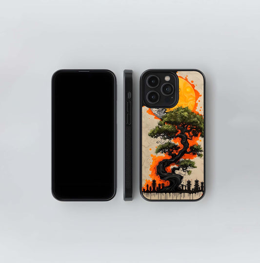 Bonsai with Orange Sun and Waves Glass Case