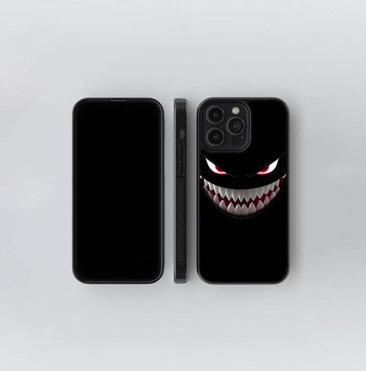 Dark Demon Face with Glowing Eyes and Sharp Teeth Glass Case