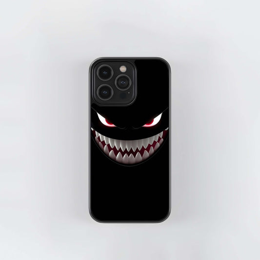 Dark Demon Face with Glowing Eyes and Sharp Teeth Glass Case