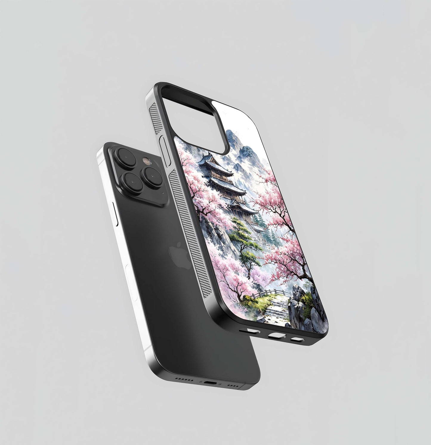 Mountain Temple in Cherry Blossoms Glass Case