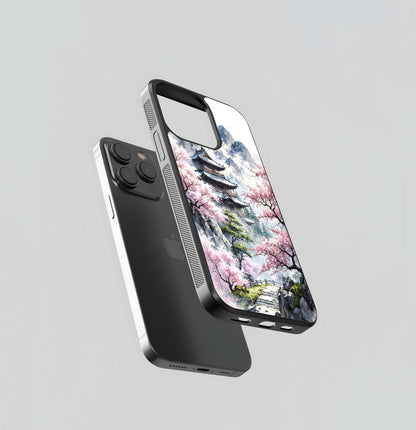 Mountain Temple in Cherry Blossoms Glass Case