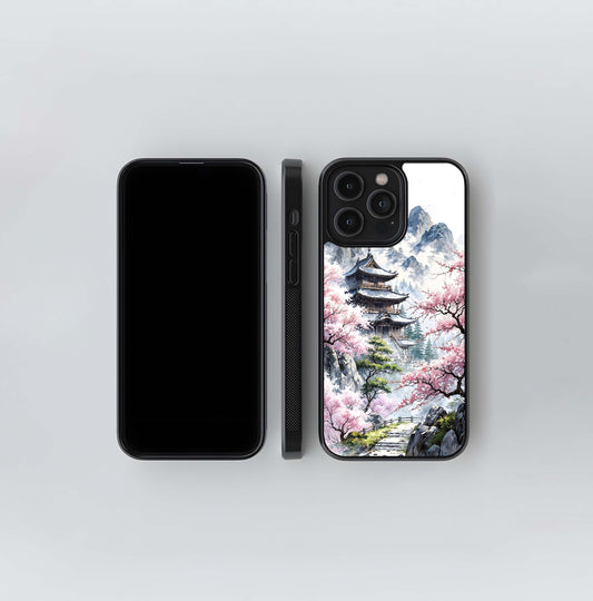 Mountain Temple in Cherry Blossoms Glass Case