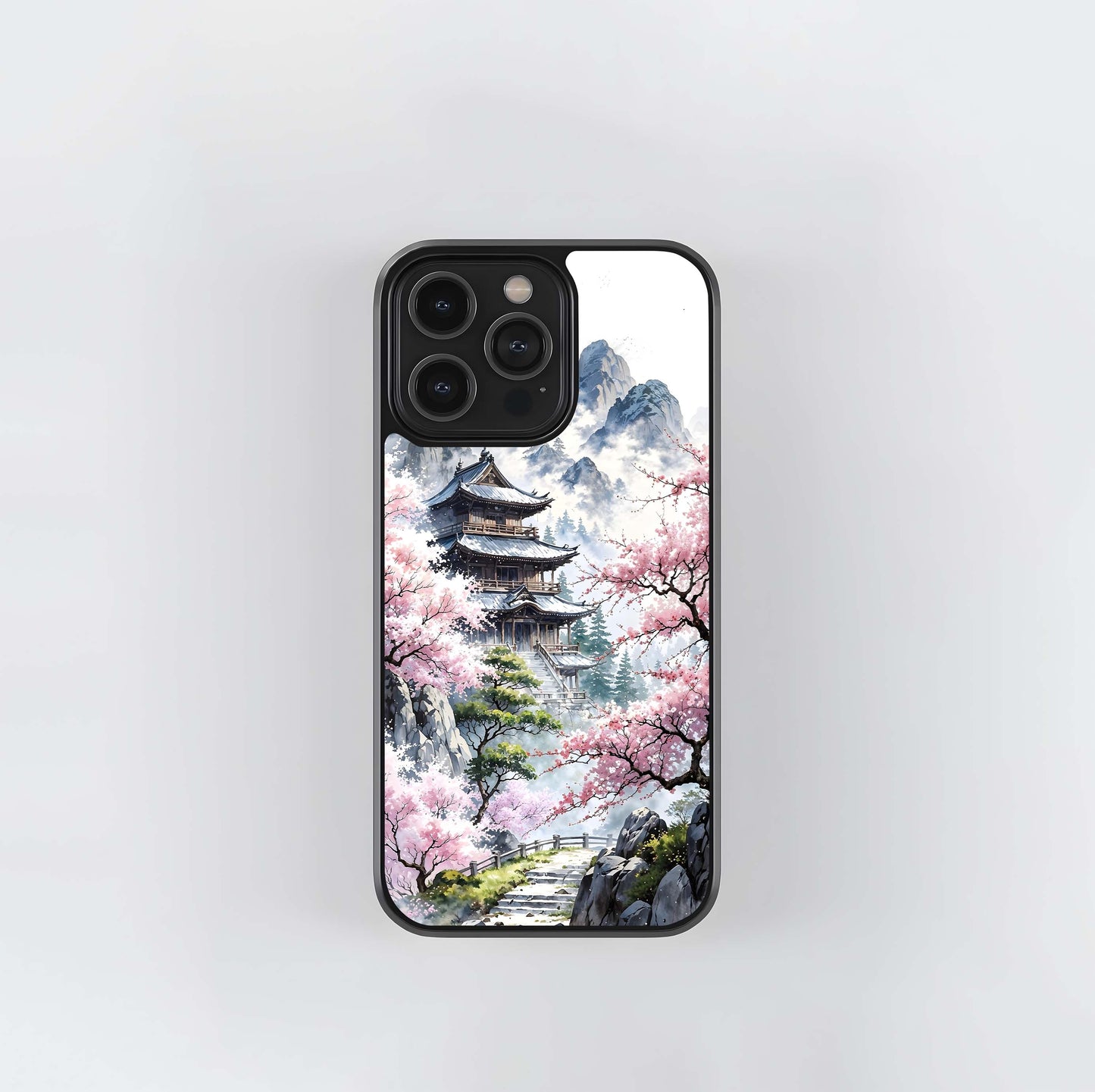 Mountain Temple in Cherry Blossoms Glass Case