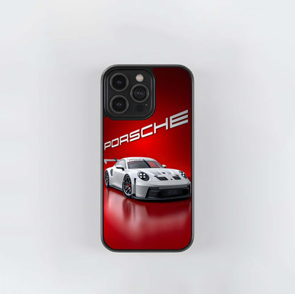 White Porsche on Red Glass Case