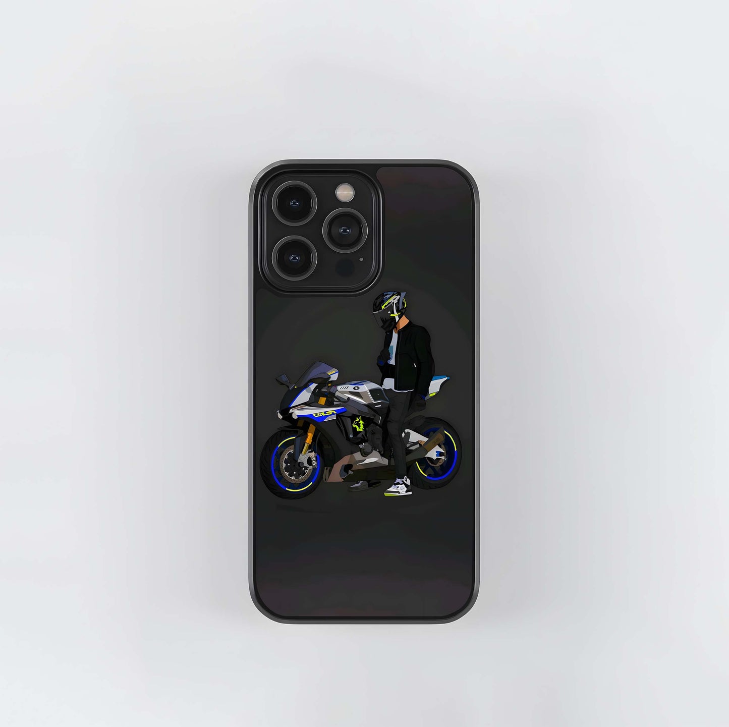 Motorcyclist with Blue and Yellow Sport Bike Glass Case